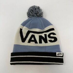 Vans Pom Beanie Blue White Black Striped Logo Knit Hat One Size Fits Most